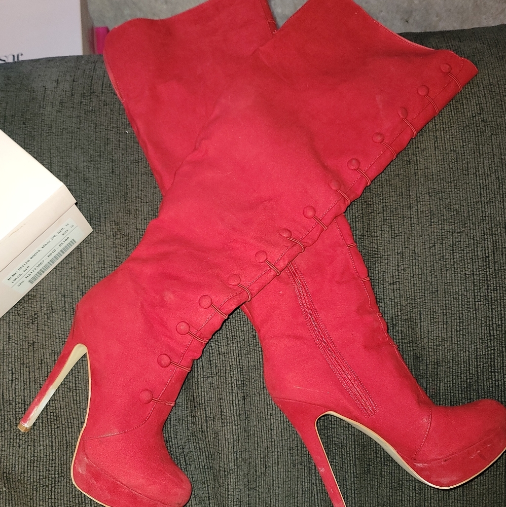 Red velour thigh boots